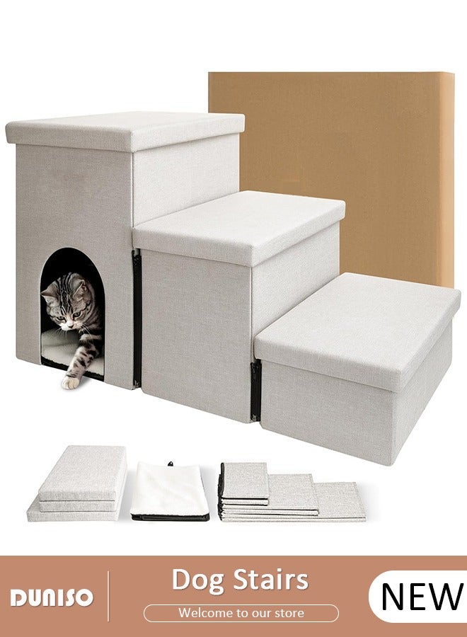 DUNISO Pet Dog Stairs, Foldable 3 Tiers Steps Dog Steps for High Bed & Sofa, Multi Use Small Dog Ramp with Storage Box & Condo Non-Slip Dog Steps for Old & Injured Pets for Small Medium Large Dogs Cats - Image 1