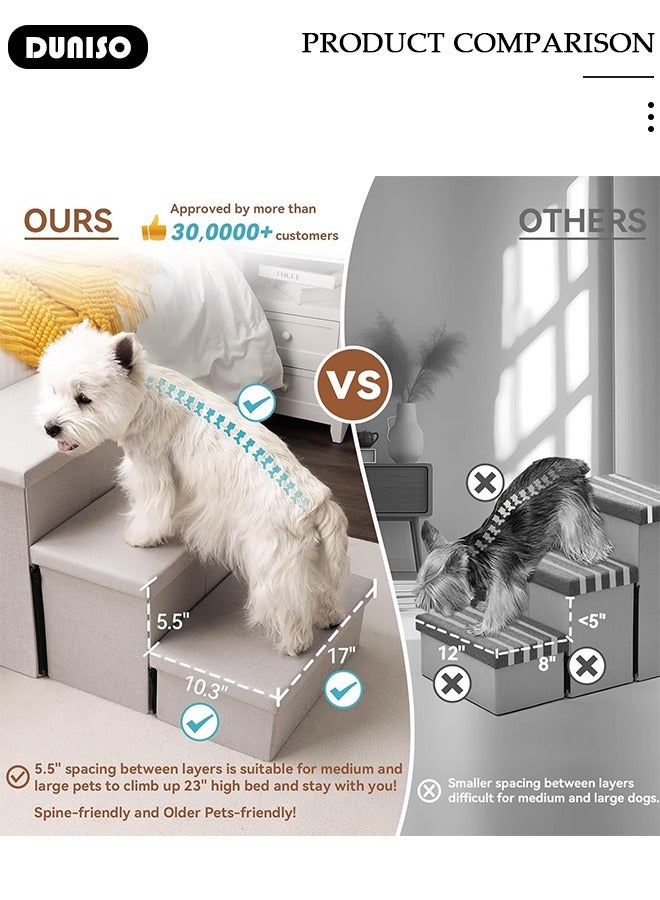 DUNISO Pet Dog Stairs, Foldable 3 Tiers Steps Dog Steps for High Bed & Sofa, Multi Use Small Dog Ramp with Storage Box & Condo Non-Slip Dog Steps for Old & Injured Pets for Small Medium Large Dogs Cats - Image 3