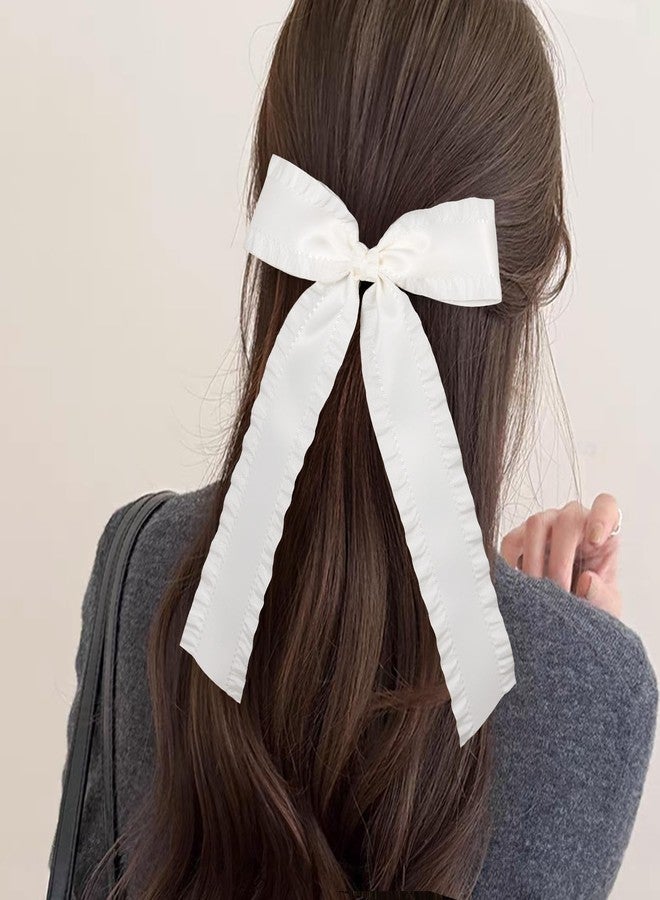 ميروكش قطعة واحدة من ربطات الشعر الساتان البيضاء الفاتحة اللون، بطول 5.5 بوصة، مزينة بكشكشة وشرابات، ومشابك شعر كبيرة على شكل فيونكة مع ذيل طويل، إكسسوارات شعر للعرائس والفتيات - Image 3