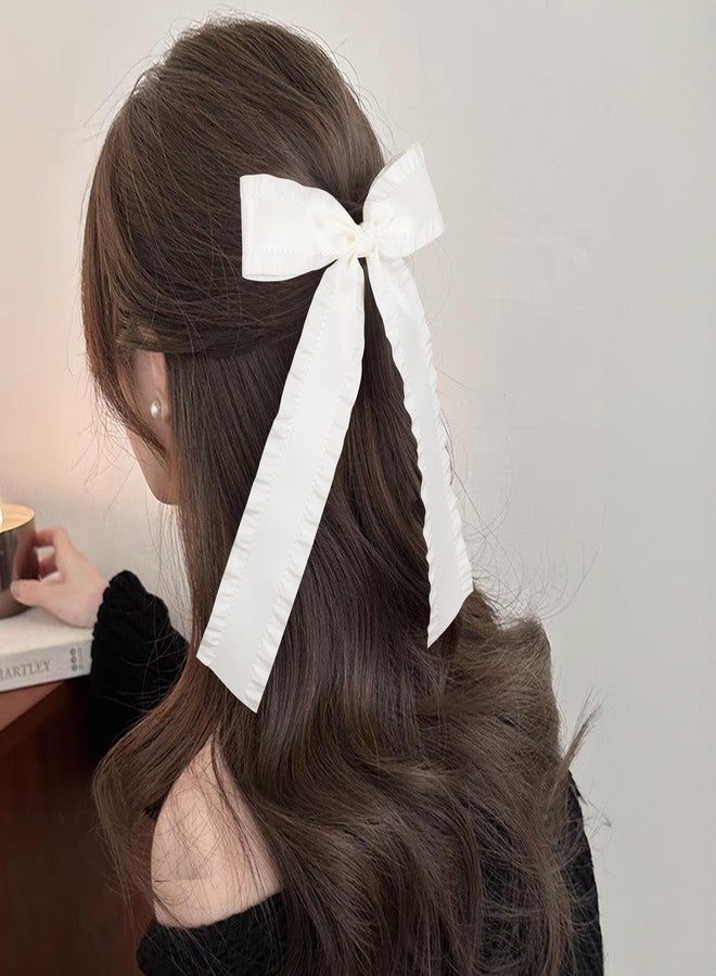 ميروكش قطعة واحدة من ربطات الشعر الساتان البيضاء الفاتحة اللون، بطول 5.5 بوصة، مزينة بكشكشة وشرابات، ومشابك شعر كبيرة على شكل فيونكة مع ذيل طويل، إكسسوارات شعر للعرائس والفتيات - Image 4