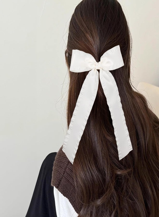 ميروكش قطعة واحدة من ربطات الشعر الساتان البيضاء الفاتحة اللون، بطول 5.5 بوصة، مزينة بكشكشة وشرابات، ومشابك شعر كبيرة على شكل فيونكة مع ذيل طويل، إكسسوارات شعر للعرائس والفتيات - Image 5