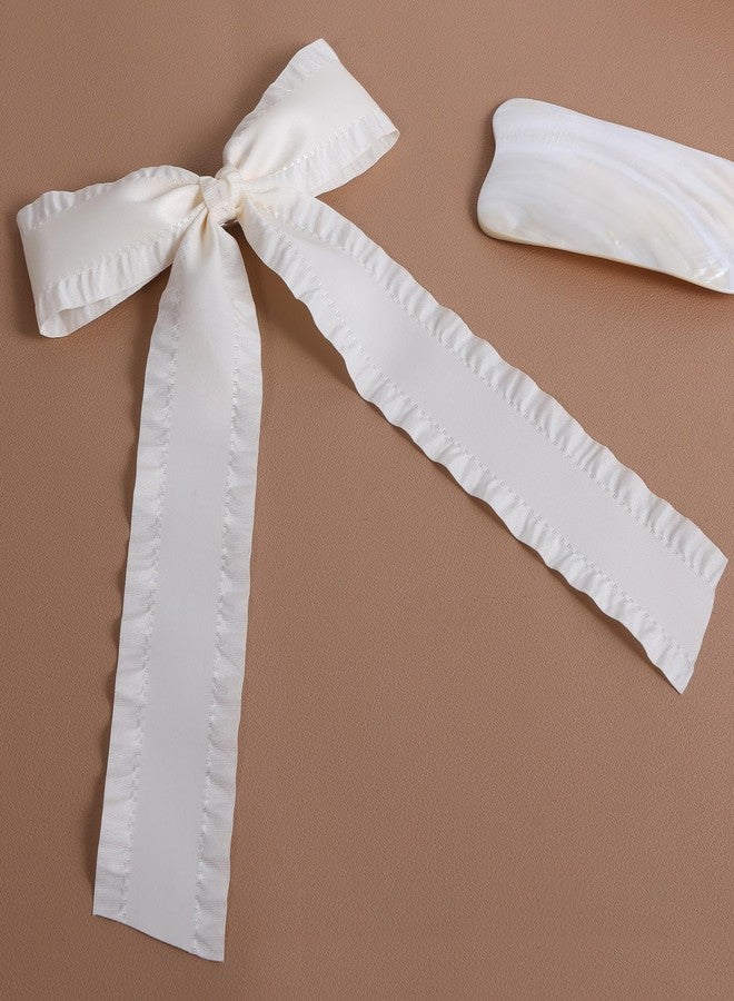 ميروكش قطعة واحدة من ربطات الشعر الساتان البيضاء الفاتحة اللون، بطول 5.5 بوصة، مزينة بكشكشة وشرابات، ومشابك شعر كبيرة على شكل فيونكة مع ذيل طويل، إكسسوارات شعر للعرائس والفتيات - Image 2