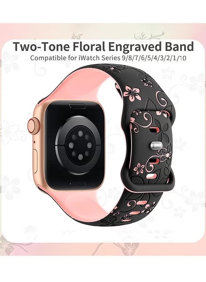 Generic - Apple Watch Strap, Floral Engraved Bands Compatible with Apple Watch Band 41mm 40mm 44mm 45mm 42mm 38mm 49mm 46mm for Women,Cute Flower iWatch Bands Soft Silicone Sport Strap for iWatch Series SE 10 9 8 7 6 5 4 3 Ultra - Image 1