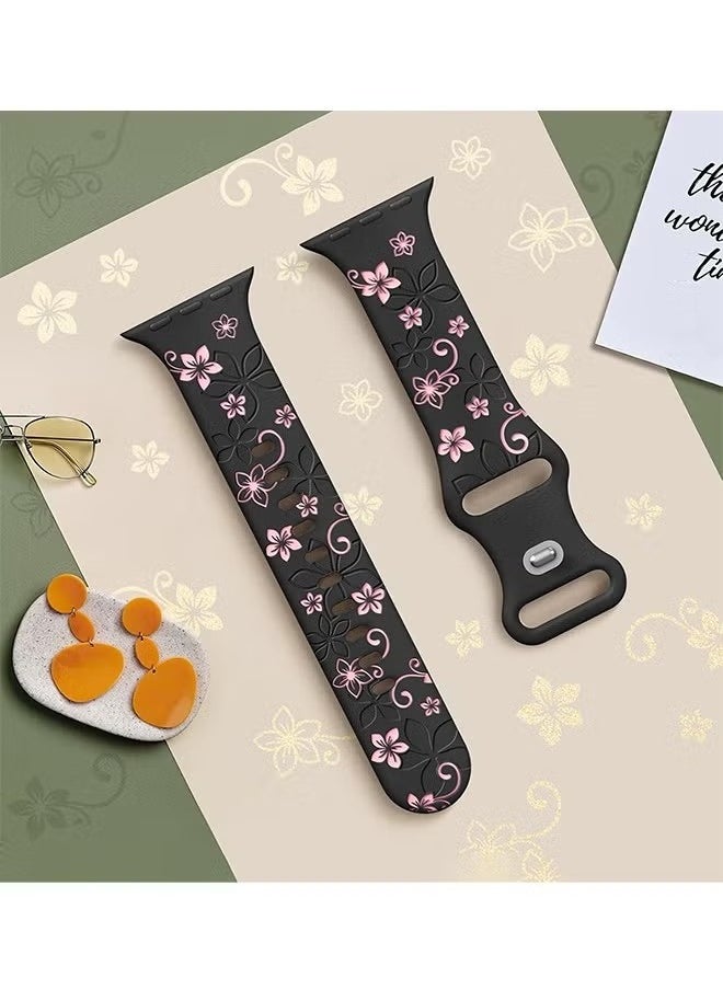 Generic - Apple Watch Strap, Floral Engraved Bands Compatible with Apple Watch Band 41mm 40mm 44mm 45mm 42mm 38mm 49mm 46mm for Women,Cute Flower iWatch Bands Soft Silicone Sport Strap for iWatch Series SE 10 9 8 7 6 5 4 3 Ultra - Image 1