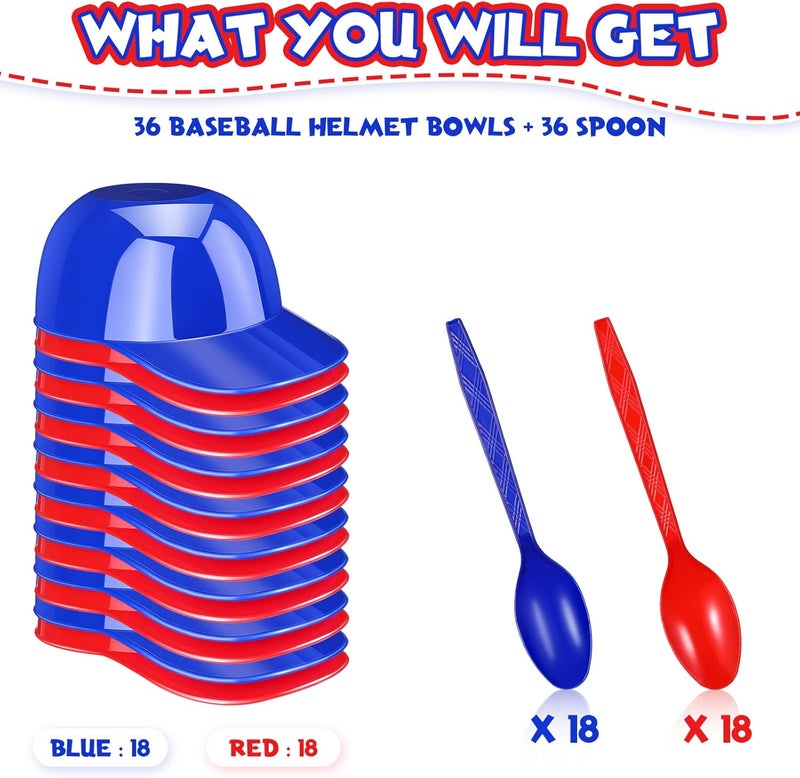 Sieral Sieral 36 Count Summer Baseball Helmet Snack Ice Cream Bowl 8 oz Mini Baseball Cap Plastic Dessert Sundae Candy Bowls with 36 Spoons for Kids Birthday Sports Party SuppliesRed Dark Blue - Image 2