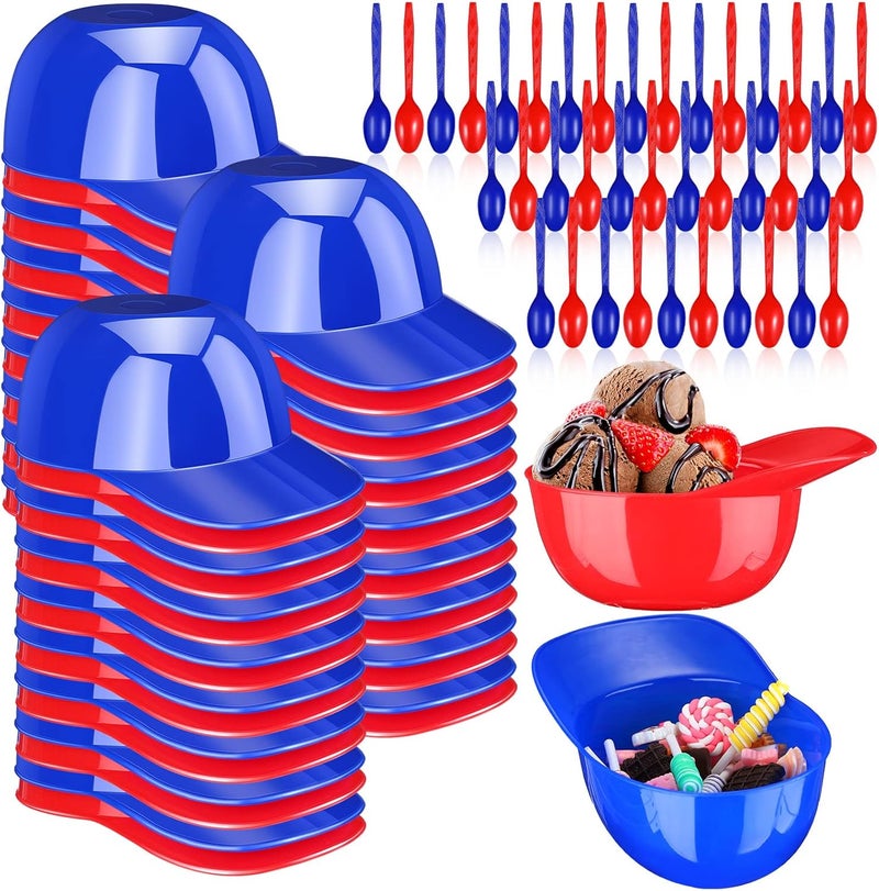 Sieral Sieral 36 Count Summer Baseball Helmet Snack Ice Cream Bowl 8 oz Mini Baseball Cap Plastic Dessert Sundae Candy Bowls with 36 Spoons for Kids Birthday Sports Party SuppliesRed Dark Blue - Image 1