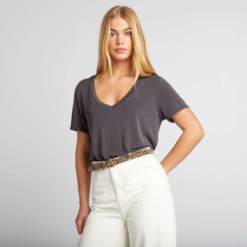 Kiabi Stretch V-Neck T-Shirt Black