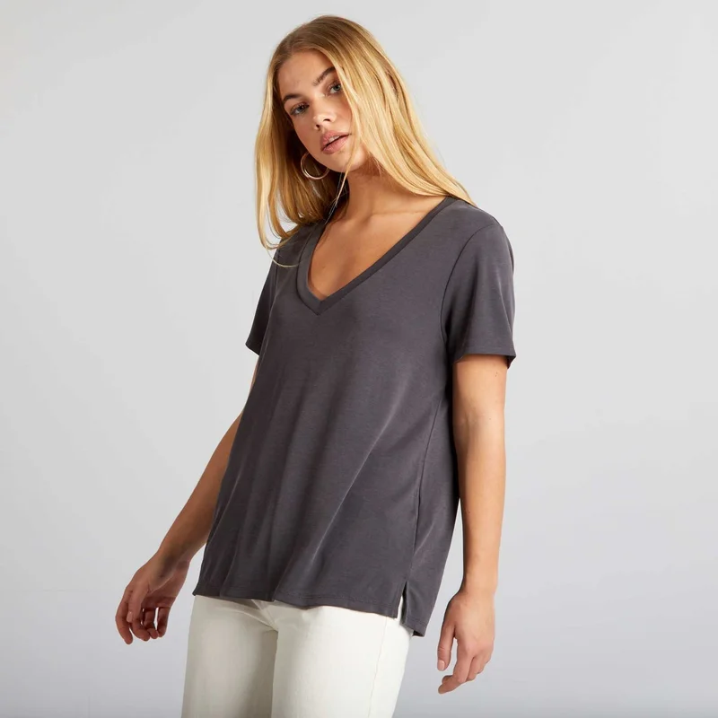 Kiabi Stretch V-Neck T-Shirt Black