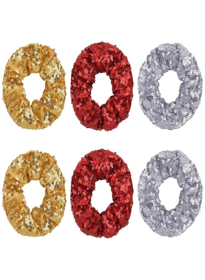 GSHLLO 6 Pcs 10 cm Glitter Sequins Hair Scrunchies Sparkly Hair Ties Ropes Shiny Elastic Hair Bands Xmas Ponytail Holders Bun Cover Hair Accessories for Women Girls Golden Silver and Red - Image 1