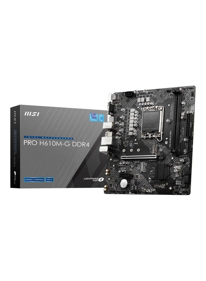 إم اس أي اللوحة الأم Pro H610M-G DDR4 Micro-ATX، مقبس LGA 1700، مجموعة شرائح H610، 1x وحدة تحكم Intel I219V Gigabit LAN، فتحتان DIMM، فتحة M.2، PCI-E X16، SATA III، HDMI، VGA، DP، - Image 1