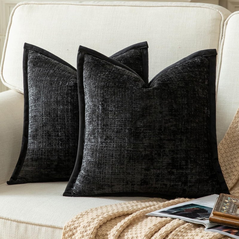 Yaertun Pack of 2 Chenille Textured Decorative Throw Pillow Covers Accent Solid Cushion Cover Soft Cozy Pillow Case with Velvet Back for Couch Sofa Bed Living Room 26x26 Inch Black - Image 1