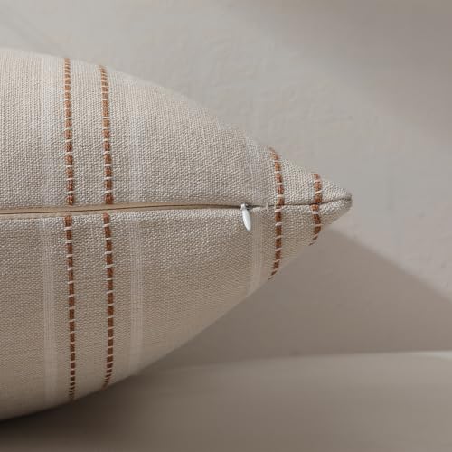 Hckot Rust Throw Pillow Covers 20x20 Set of 2 Striped Fall Pillow Covers Textured Linen Decorative Pillows Square Cushion Covers for Sofa Couch Bed Living Room Farmhouse Decor(Caramel) - Image 4