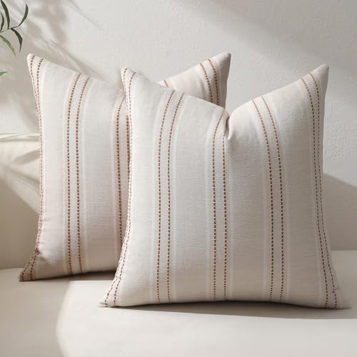 Hckot Rust Throw Pillow Covers 20x20 Set of 2 Striped Fall Pillow Covers Textured Linen Decorative Pillows Square Cushion Covers for Sofa Couch Bed Living Room Farmhouse Decor(Caramel) - Image 1