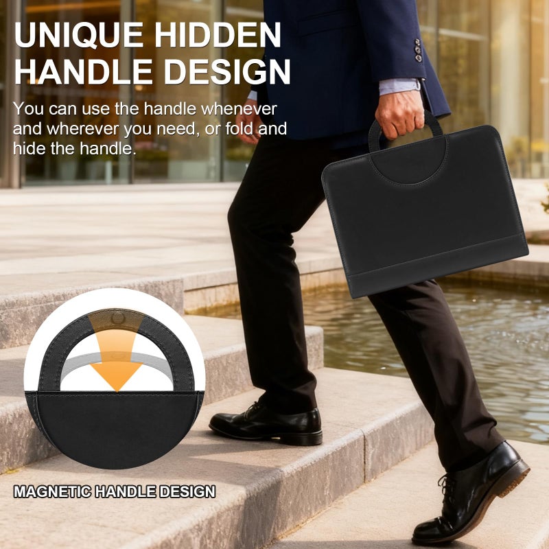 IYGHV IVGHV Portfolio Binder Organizer Portfolio Folder for Men Faux Leather Padfolio for Women - 3 Ring Binder with Handle & Clipboard, A4 Size Business Padfolio Folder for Resume Conference (Black) - Image 3