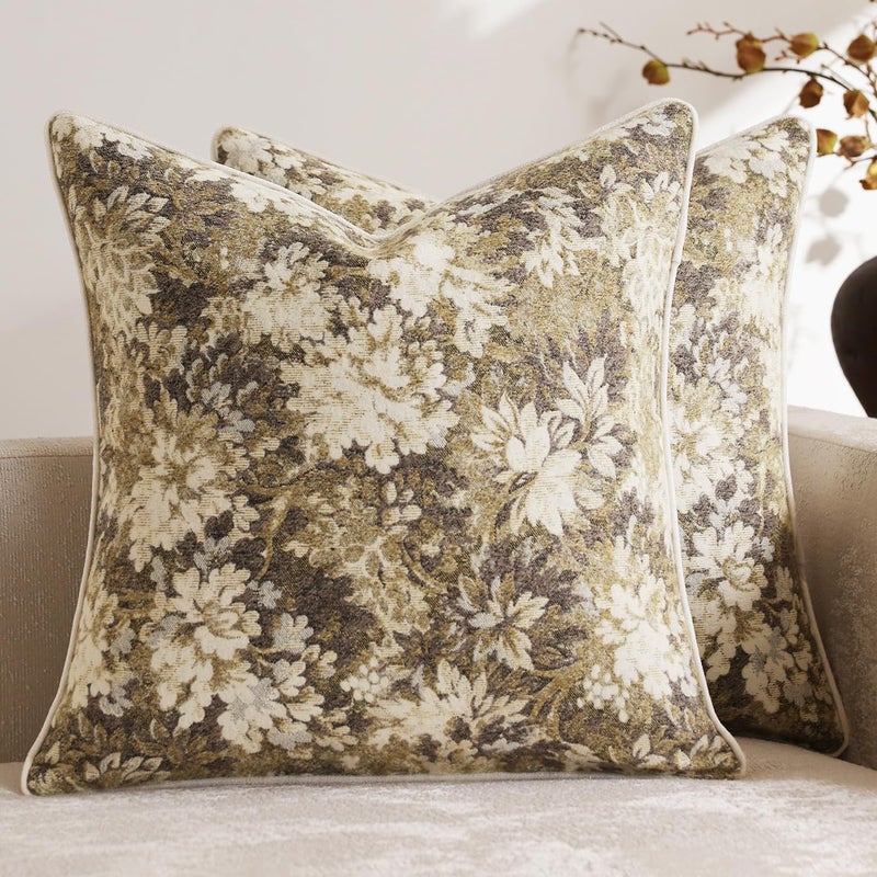 DEZENE Pack of 2 Vintage Floral Euro Sham Covers 26x26 Boho Farmhouse Accents Chenille Square Decorative Throw Pillow Cases for Living Room Couch Bed Home Decor, Beige - Image 1