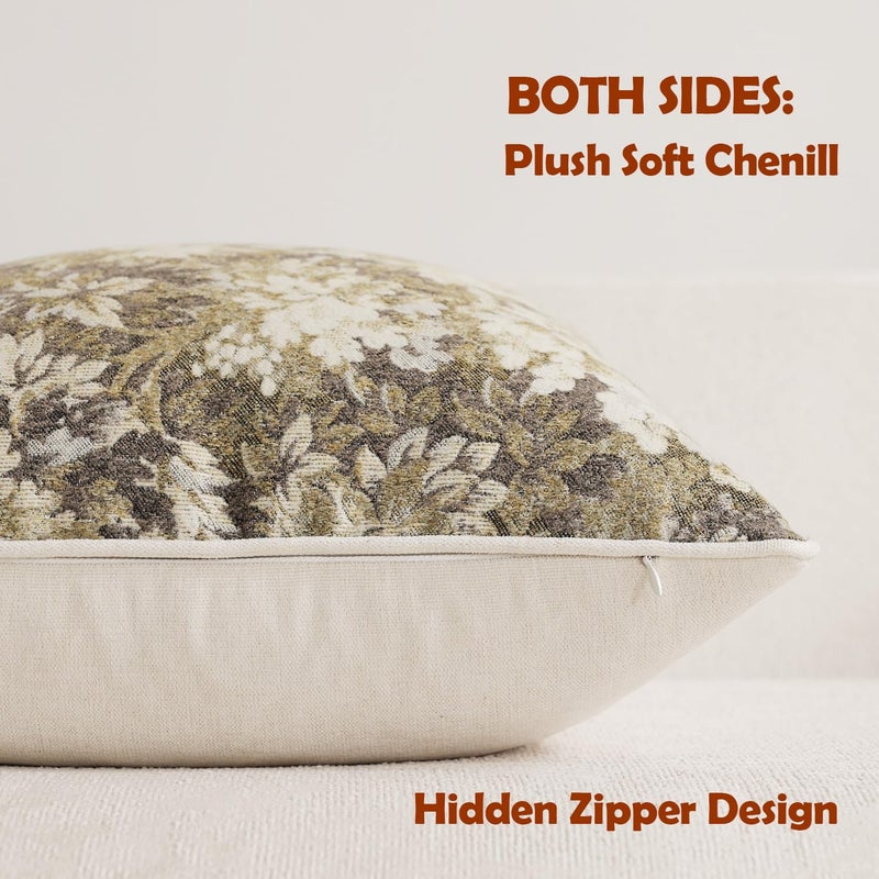 DEZENE Pack of 2 Vintage Floral Euro Sham Covers 26x26 Boho Farmhouse Accents Chenille Square Decorative Throw Pillow Cases for Living Room Couch Bed Home Decor, Beige - Image 2
