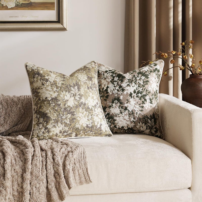 DEZENE Pack of 2 Vintage Floral Euro Sham Covers 26x26 Boho Farmhouse Accents Chenille Square Decorative Throw Pillow Cases for Living Room Couch Bed Home Decor, Beige - Image 4