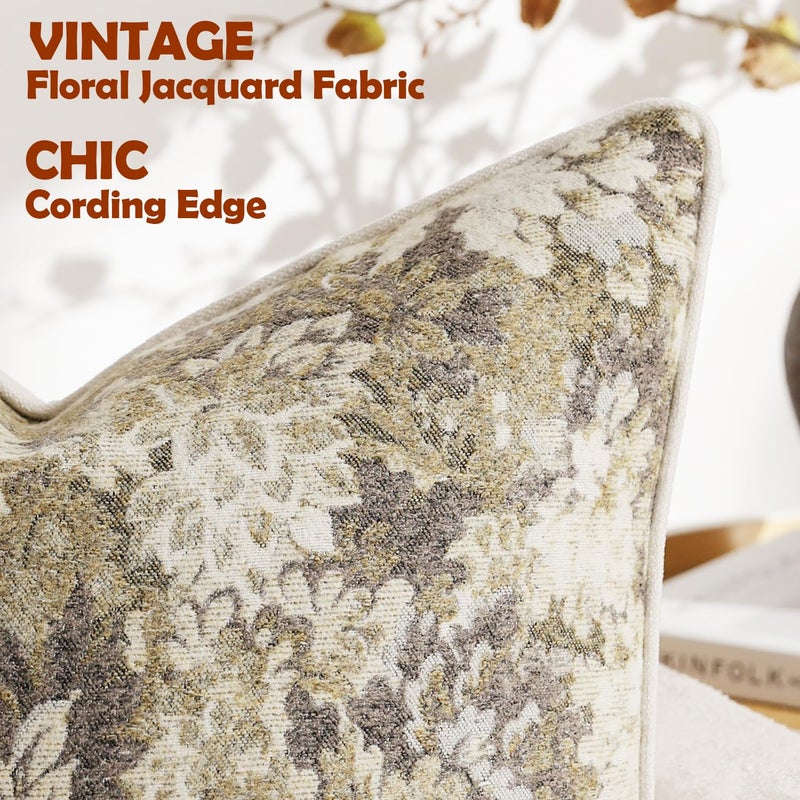 DEZENE Pack of 2 Vintage Floral Euro Sham Covers 26x26 Boho Farmhouse Accents Chenille Square Decorative Throw Pillow Cases for Living Room Couch Bed Home Decor, Beige - Image 3