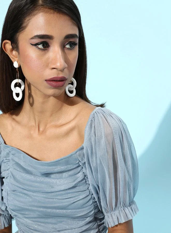 SASSAFRAS SASSAFRAS Ruched Mesh Crop Top with Puff Sleeves