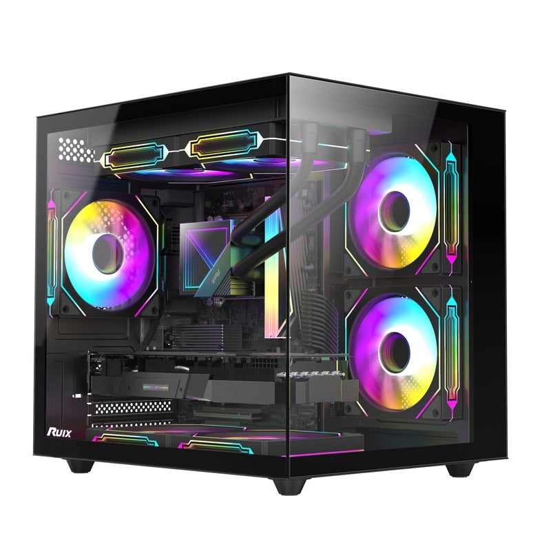 RUIX OV502 M-ATX Mini-Tower PC Case, Pre-Installed 3 x 120mm Prism ARGB PWM Fans, 180Â° Panoramic Tempered Glass Panel, USB 3.0 Ports, Compact High-Airflow Gaming Computer Case - Black - Image 1