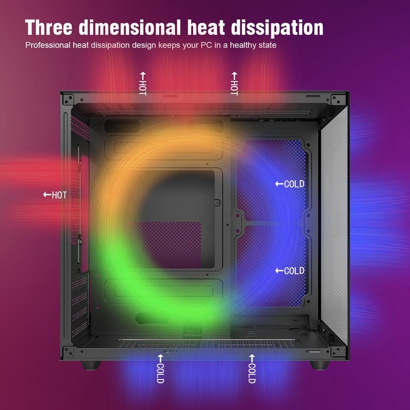 RUIX OV502 M-ATX Mini-Tower PC Case, Pre-Installed 3 x 120mm Prism ARGB PWM Fans, 180Â° Panoramic Tempered Glass Panel, USB 3.0 Ports, Compact High-Airflow Gaming Computer Case - Black - Image 3