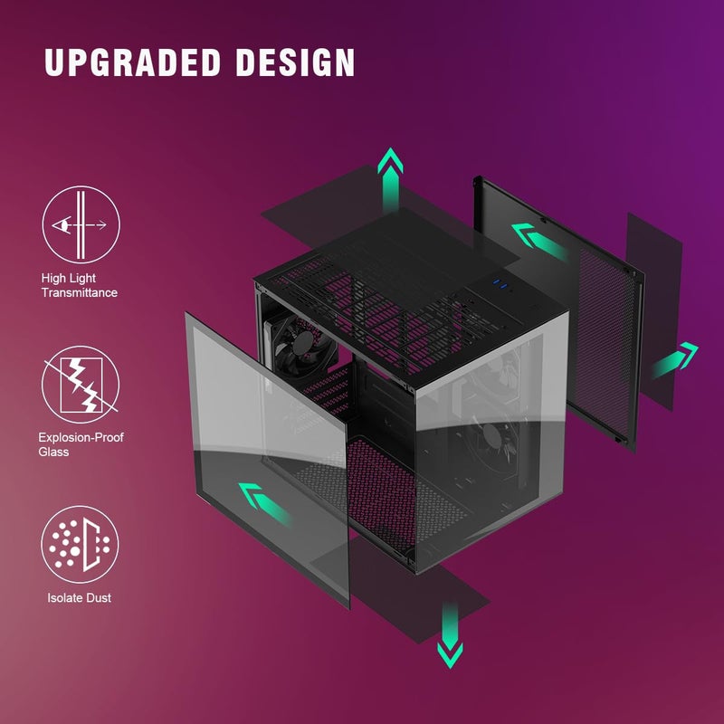RUIX OV502 M-ATX Mini-Tower PC Case, Pre-Installed 3 x 120mm Prism ARGB PWM Fans, 180Â° Panoramic Tempered Glass Panel, USB 3.0 Ports, Compact High-Airflow Gaming Computer Case - Black - Image 5