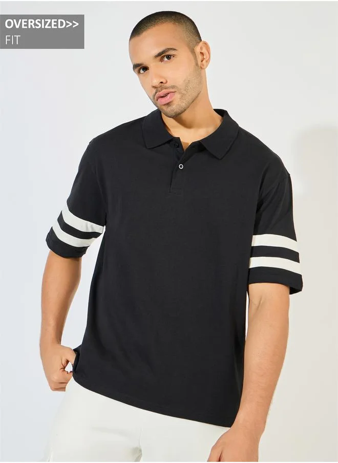 Styli Oversized Heavy Jersey Polo with Panel Stripes