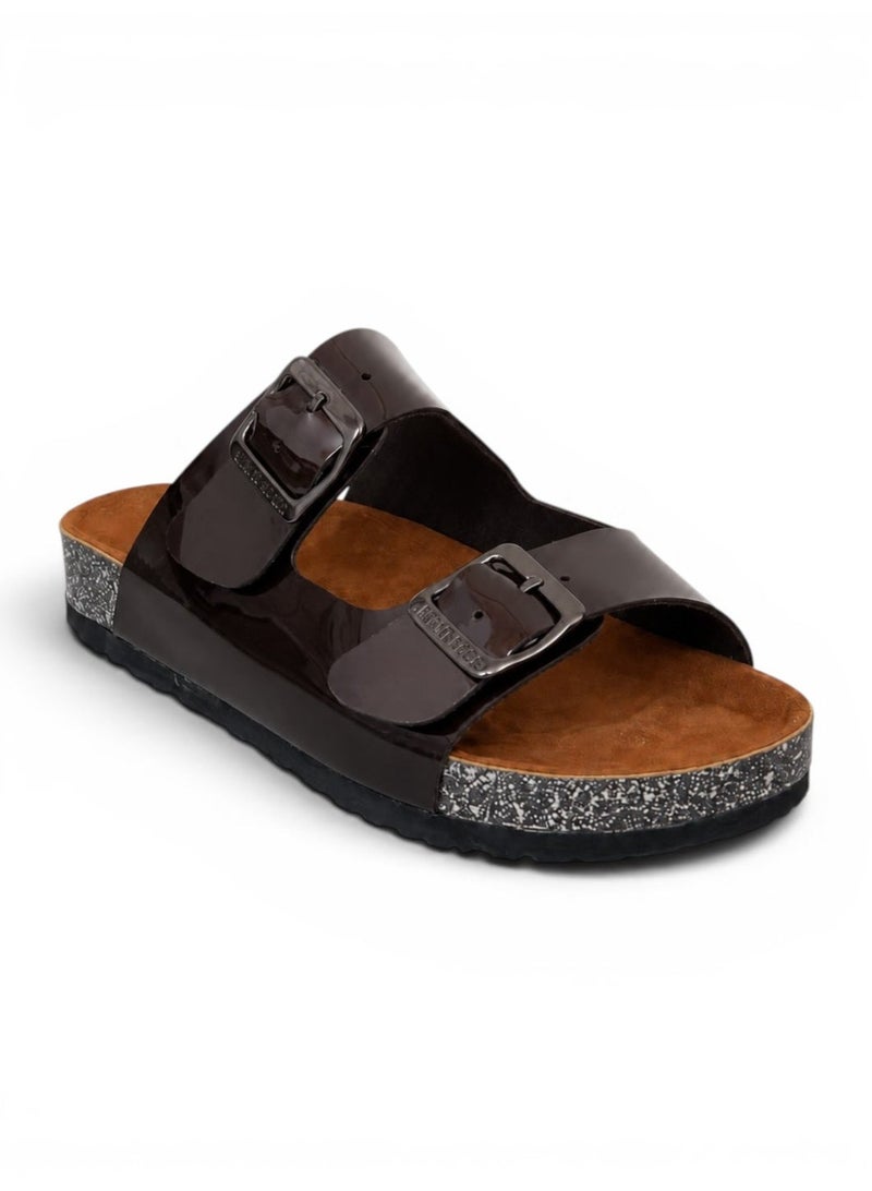 LIFESTYLISH Slippers leather Glossy flat Double strap with buckles SL-232 - Brown - Image 2