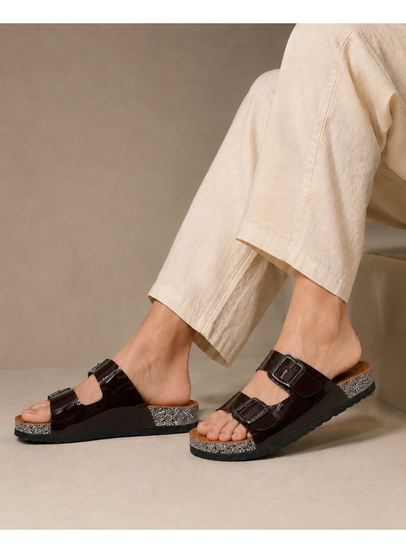 LIFESTYLISH Slippers leather Glossy flat Double strap with buckles SL-232 - Brown - Image 1