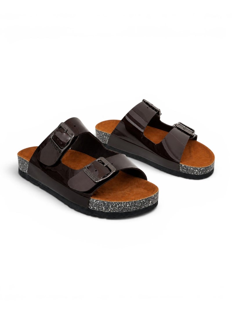 LIFESTYLISH Slippers leather Glossy flat Double strap with buckles SL-232 - Brown - Image 3
