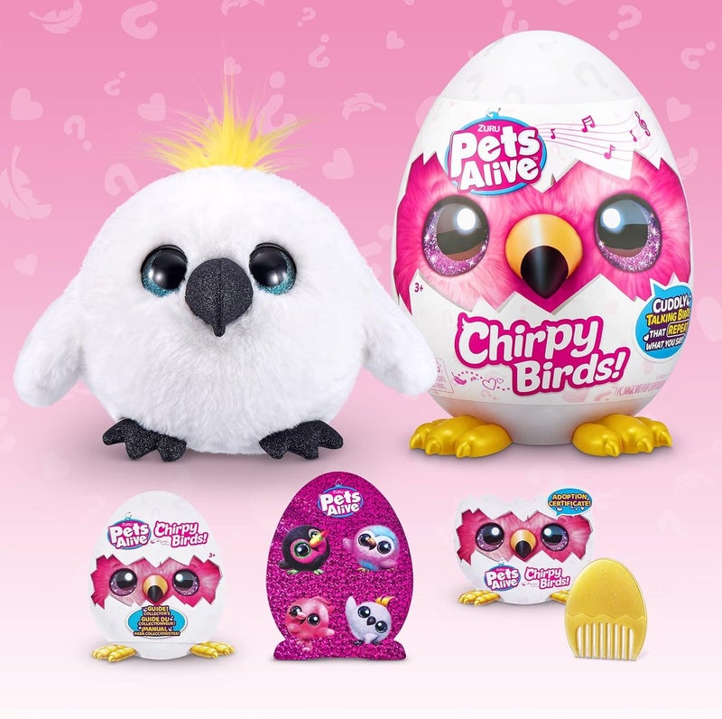 بيتس ألايف Pets Alive Chirpy Birds (White Cockatoo) by ZURU, Electronic Pet That Speaks, Giant Surprise Egg, Stickers, Comb, Fluffy Clay, Bird Animal Plush for Girls - Assorted - Image 1