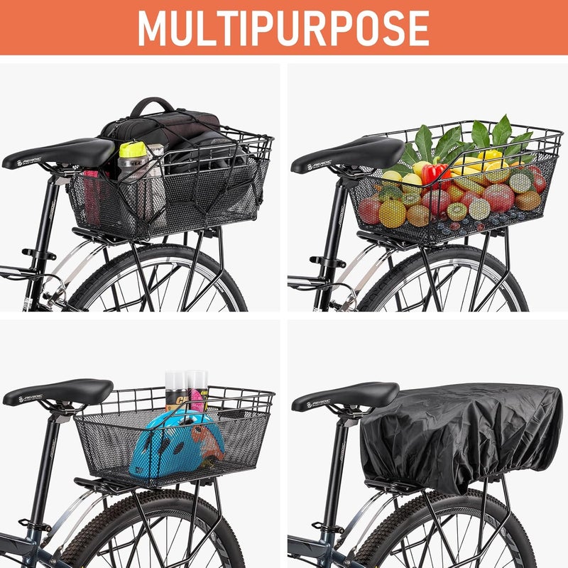 CXWXC Rear Bike Basket - Large Bicycle Rear Basket with Cargo Net and Waterproof Cover - Image 4