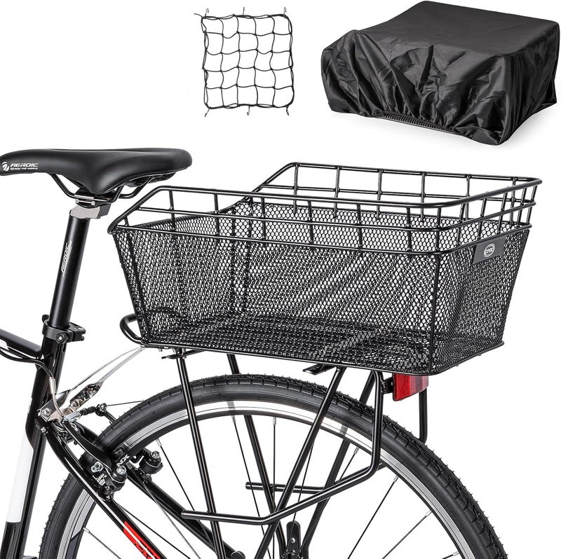 CXWXC Rear Bike Basket - Large Bicycle Rear Basket with Cargo Net and Waterproof Cover - Image 1