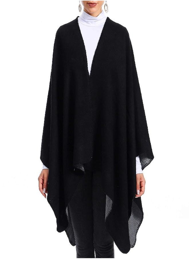Zando Zando Ponchos for Women Warm Shawl Wrap Open Front Poncho Winter Pashmina Shawl Printed Tassel Shawls Wrap Oversized Blanket Scarf Cape Plaid Cardigan Shawls Fashion Poncho Wrap Black Grey One Size  - Image 1