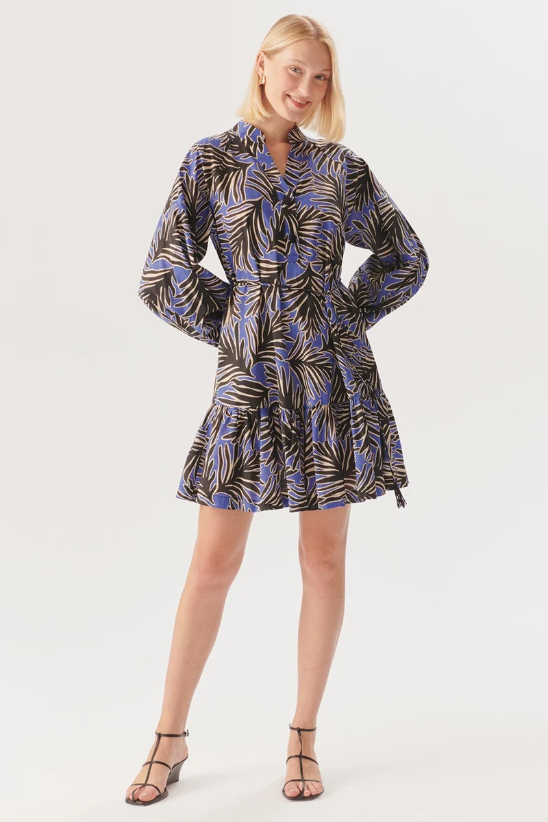 EXQUISE Lace-up Detail Leaf Pattern Relaxed Fit Cotton Mini Dress