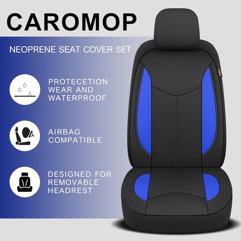 CAROMOP غطاء مقعد سيارة كاروموب من النيوبرين للمقعدين الأماميين، أغطية مقاعد مقاومة للماء للسيارات، تناسب معظم أغطية السيارات الداخلية - سيدان وشاحنة وسيارة دفع رباعي (أسود/أزرق) - Image 4