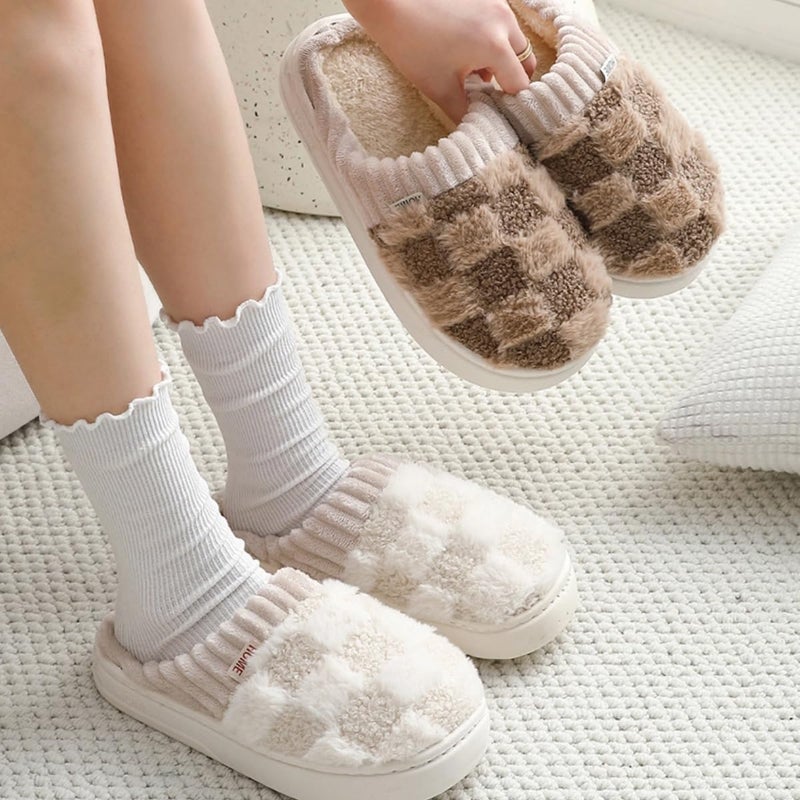 VTTDB Checkered Slipper House Slippers for Women Men Plush Warm Fuzzy Slippers Flyffy Bedroom Shoes Indoor Slip On (7-8 Women/6-7 Men,Beige,Numeric Range,Medium,7,8) - Image 3
