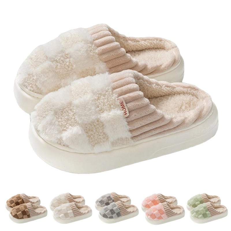 VTTDB Checkered Slipper House Slippers for Women Men Plush Warm Fuzzy Slippers Flyffy Bedroom Shoes Indoor Slip On (7-8 Women/6-7 Men,Beige,Numeric Range,Medium,7,8) - Image 1