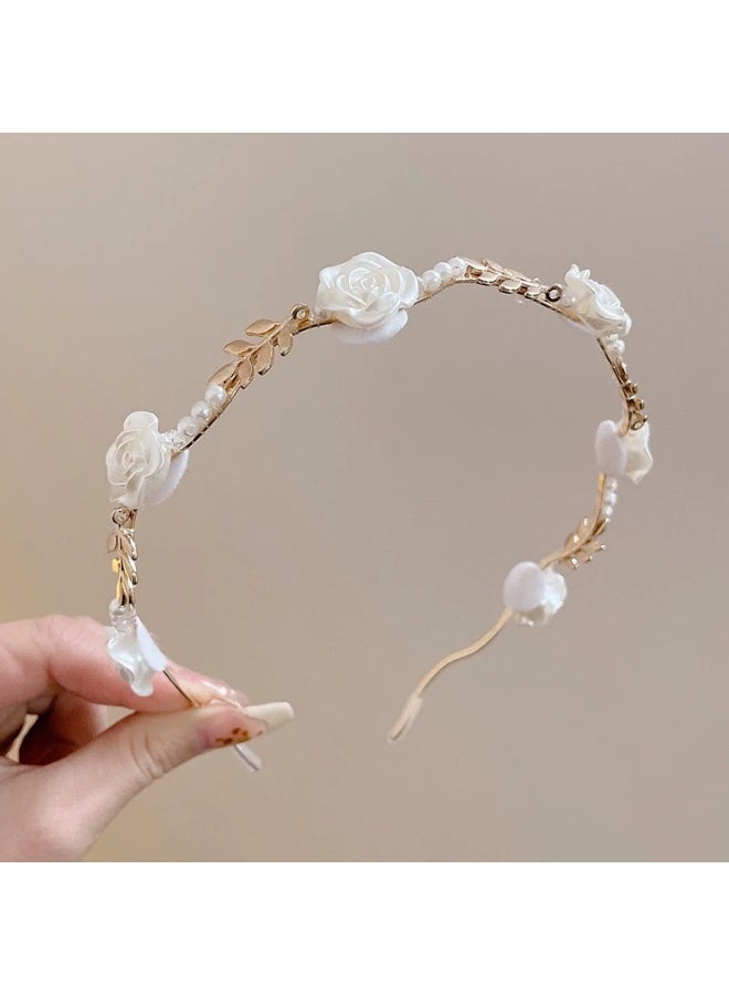 Rose Flower Pearl Headband for Women Girls Floral Hairband Pearl Hair Hoop Party Accessories - Image 1