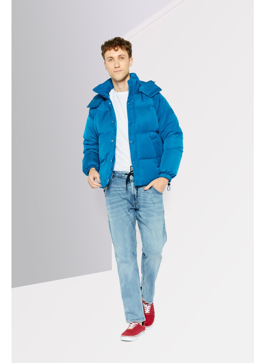 LACOSTE - Men Grid Pattern Hooded Puffered Jackets, Blue - Image 1