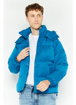 Men Grid Pattern Hooded Puffered Jackets, Blue