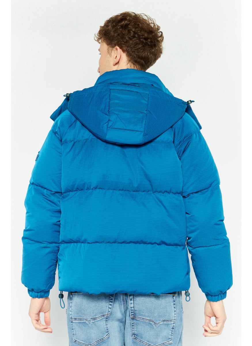 LACOSTE - Men Grid Pattern Hooded Puffered Jackets, Blue - Image 1