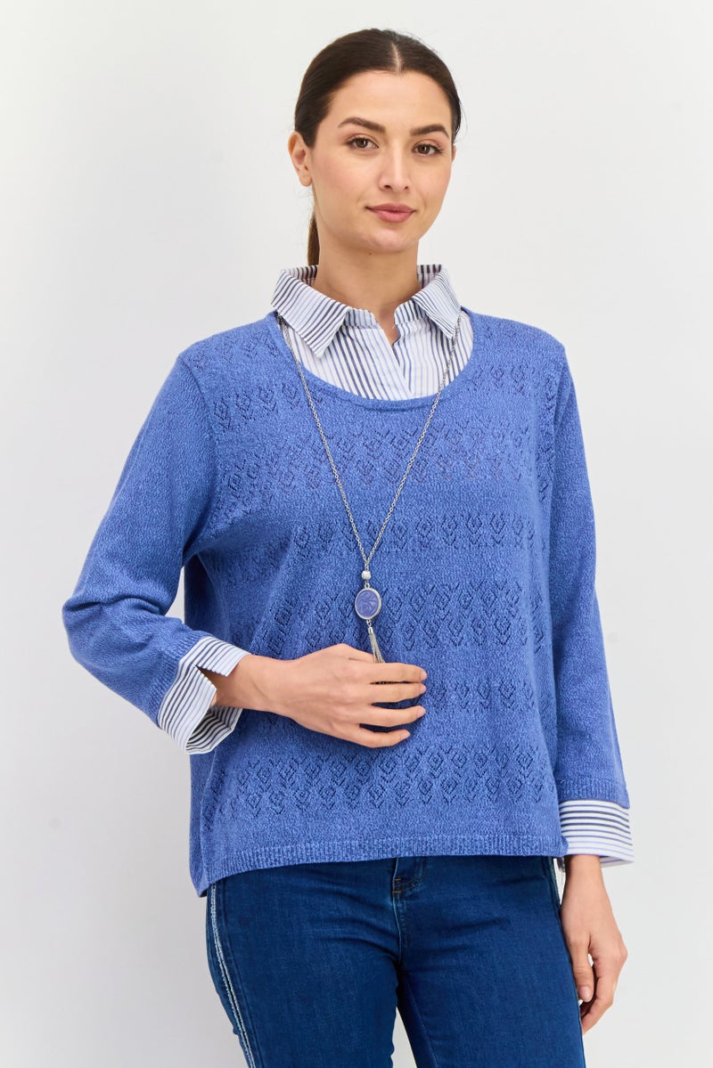 Alfred Dunner Women Pointed Neck Textured Print Long Sleeves Sweater, Blue/White - Image 1