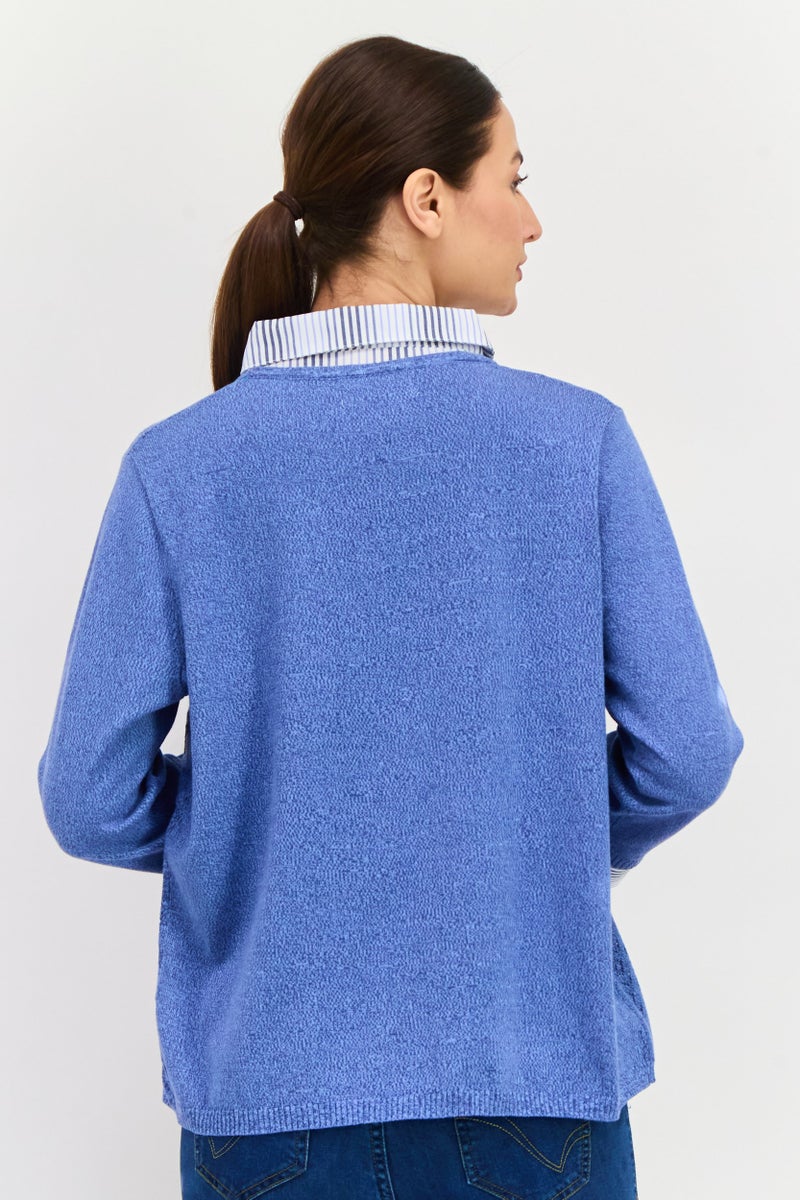 Alfred Dunner Women Pointed Neck Textured Print Long Sleeves Sweater, Blue/White - Image 3