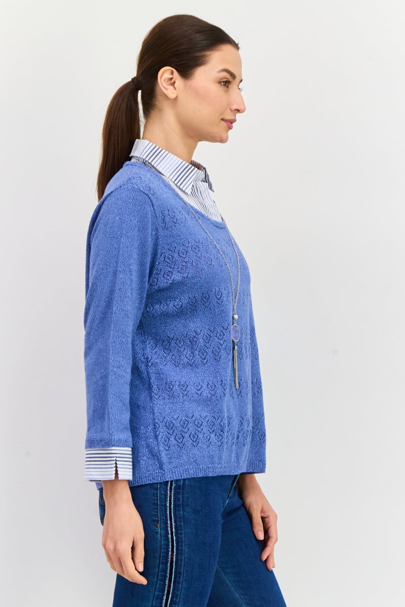 Alfred Dunner Women Pointed Neck Textured Print Long Sleeves Sweater, Blue/White - Image 2