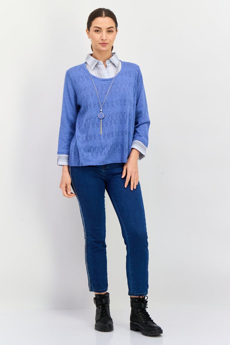 Alfred Dunner Women Pointed Neck Textured Print Long Sleeves Sweater, Blue/White - Image 4