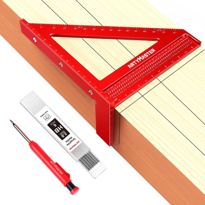 ARTYMASTER 8 inch 3D Multi-Angle Measuring Square Ruler, WT103B High Precision Hole Scribing Woodworking Tools, 0-90Â° Aluminum Alloy Carpenter Square Wood Working Tools, Carpenter Pencils 6 Refills. - Image 1