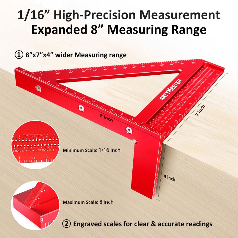 ARTYMASTER 8 inch 3D Multi-Angle Measuring Square Ruler, WT103B High Precision Hole Scribing Woodworking Tools, 0-90Â° Aluminum Alloy Carpenter Square Wood Working Tools, Carpenter Pencils 6 Refills. - Image 4