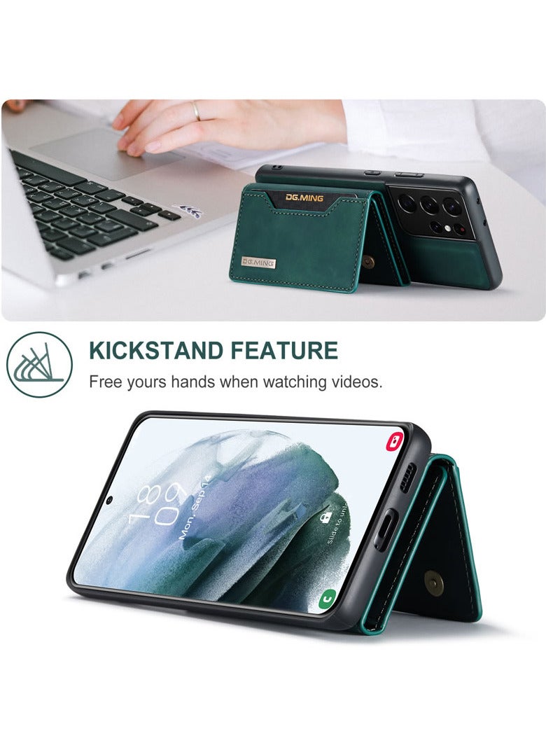 DGMING Wallet Case for Samsung Galaxy S21 Ultra, DG.MING Premium Leather Phone Case Back Cover Magnetic Detachable with Trifold Wallet Card Holder Pocket (Green) - Image 2