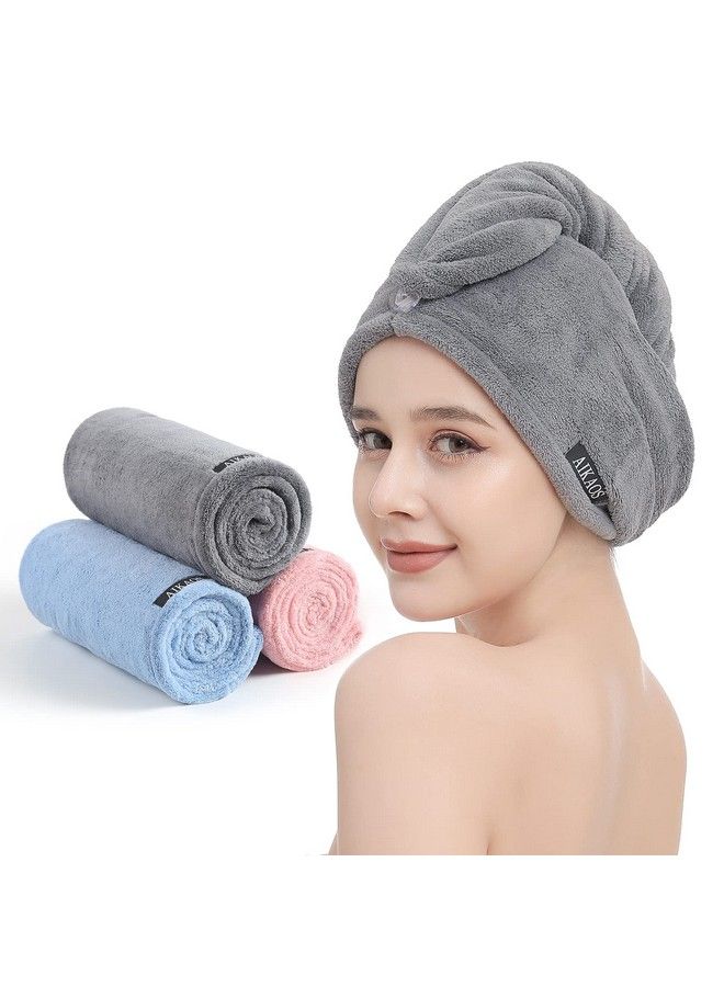 AIKAOS Microfiber Hair Towel Wrap For Women 3 Pack 11 Inch X 28 Inch Super Absorbent Quick Dry Hair Turban 2 Buttons Design For Women Wet Hair Curly Longer Thicker Hair(Grey Pinkblue) - Image 2